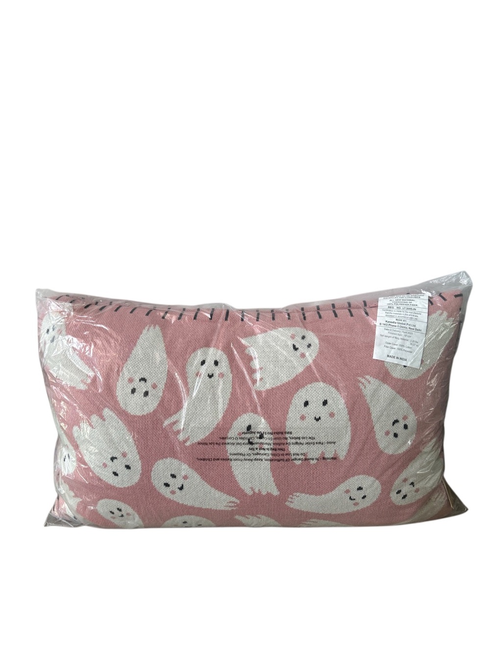 NWT Sweet Street Pink Halloween Knit Ghost Pillow 16x24 Whipstitch Edge - Picture 2 of 8